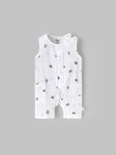 Popees Baby Boys Sleeveless Bear Print Romper| Tiny, 0–6 Months