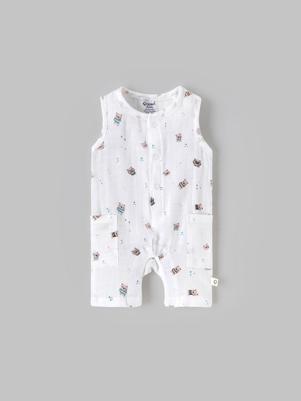 Popees Baby Boys Sleeveless Bear Print Romper| Tiny, 0–6 Months