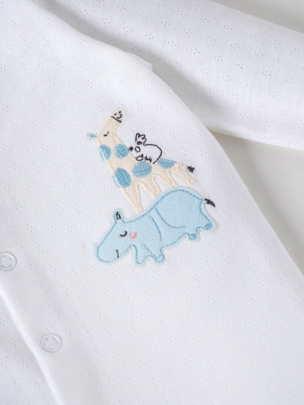 Popees Baby Boys White Cotton Full-Length Sleepsuit| Tiny Baby, Newborn to 6 Months