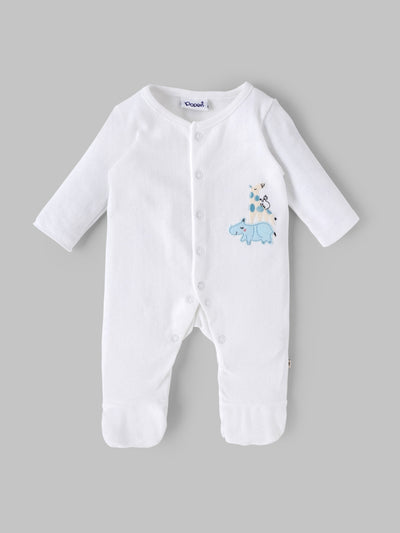 Popees Baby Boys White Cotton Full-Length Sleepsuit| Tiny Baby, Newborn to 6 Months
