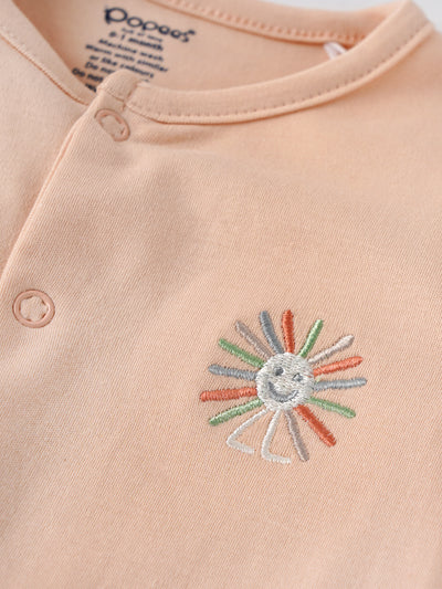 Popees Peach Baby Sleepsuit with Sun Embroidery | Tiny Baby, Newborn to 6 M