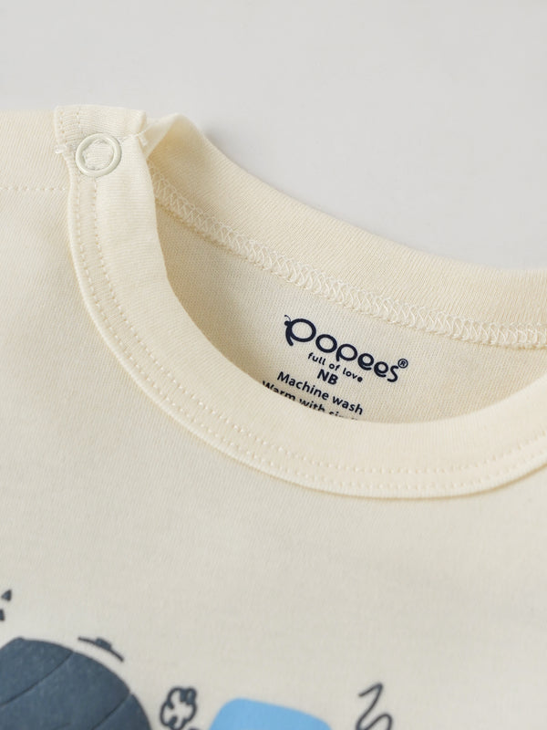 Popees Full-Sleeve Front Open Chest Printed Sleepsuit (0–6 Months) for New Boys