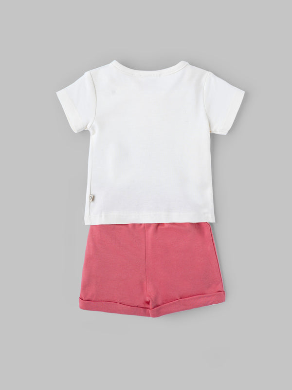Popees Baby Girls Cotton T Shirt and Shorts Set| White & Pink| Newborn - 9 Months