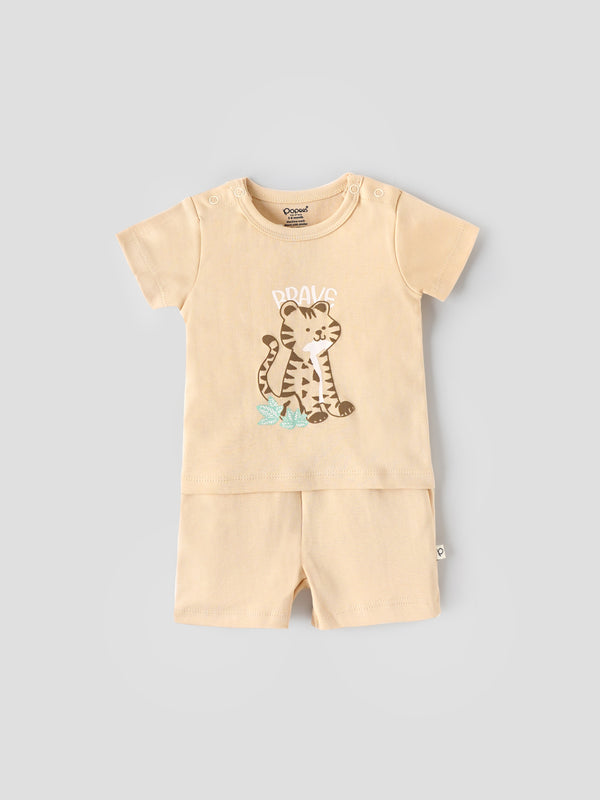 Popees Baby Boys Cotton T Shirt and Shorts Set| Beige| Newborn - 9 Months