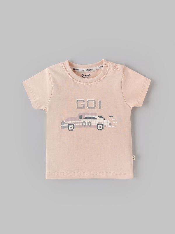Popees Baby Boys Peach “GO!” Printed T-Shirt| Newborn to 9 Months