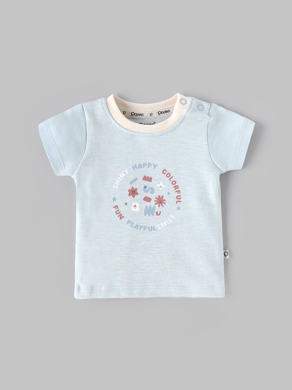 Popees Light Blue Baby Boys T-Shirt with Graphic Print | Newborn to 9 M