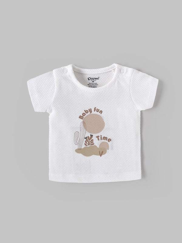 Popees Baby Boys Printed T-Shirt| Newborn–9 Months |Soft Cotton, White