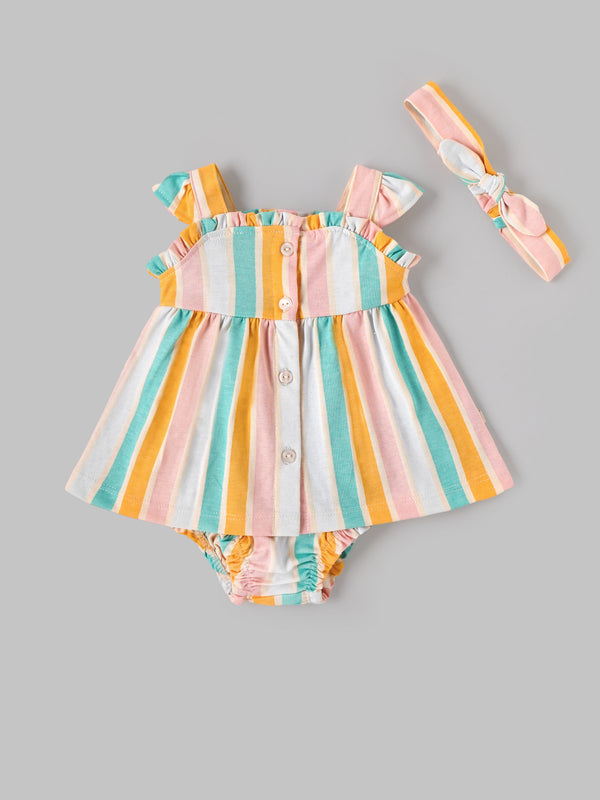 Popees Baby Girls Multicolor Striped Dress Set with Bloomer & Headband| NB–9 Months