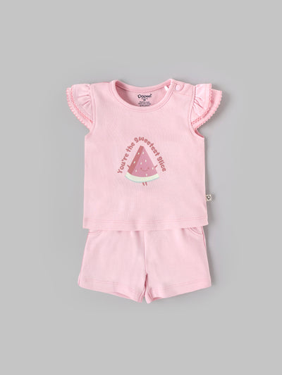 Popees Baby Girls Top & Shorts Set| Newborn–9 Months| Pink Printed Cotton Summer Outfit