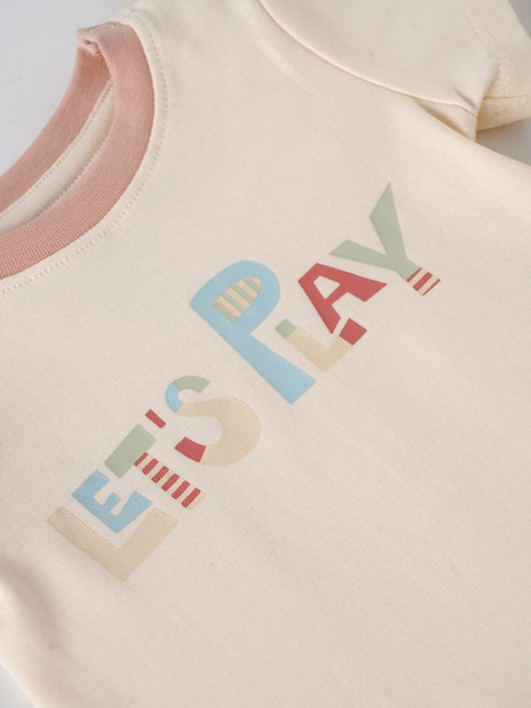 Popees Baby Girls Cream Cotton “Let’s Play” Graphic T-Shirt |Contrast Neck, Sizes NB–9M