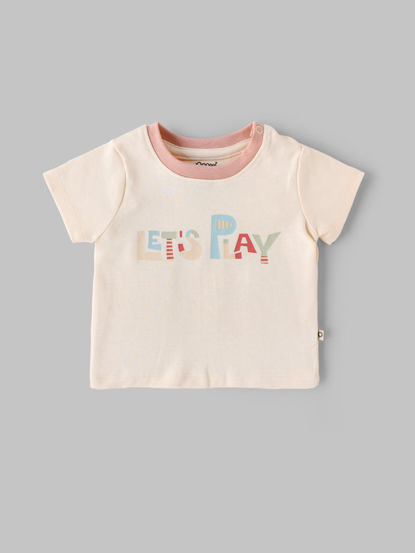 Popees Baby Girls Cream Cotton “Let’s Play” Graphic T-Shirt |Contrast Neck, Sizes NB–9M