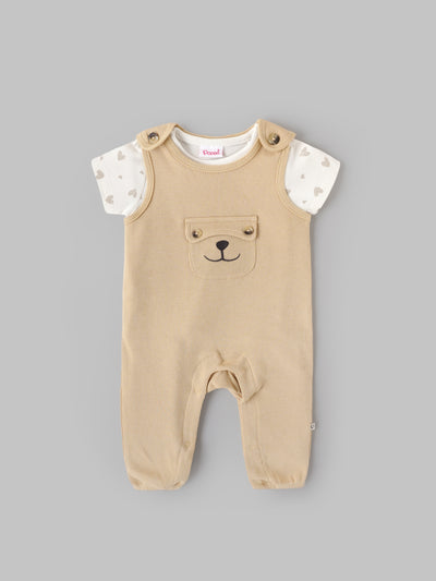 Popees Baby Unisex Cotton Dungaree Set with T-Shirt| Off White| Newborn To 9 Months