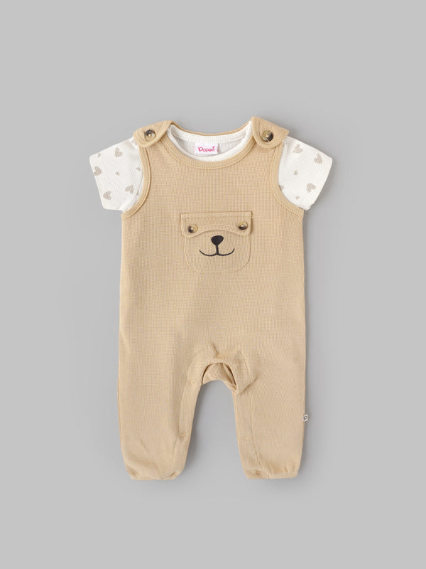 Popees Baby Unisex Cotton Dungaree Set with T-Shirt| Off White| Newborn To 9 Months