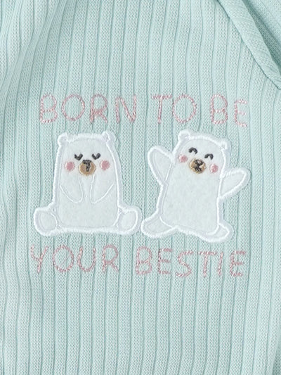 Popees Unisex Baby Ribbed Cotton Full Sleeve Footed Sleepsuit with Snap Button Closure & Bear Embroidery (NB–9 Months)