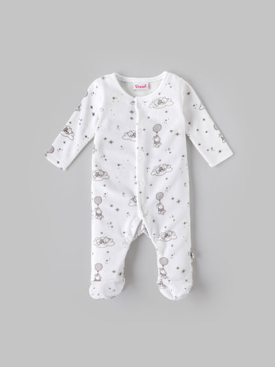 Popees Baby Unisex Printed Cotton Sleepsuit with Footed Design| White| Tiny Baby to 6 Months