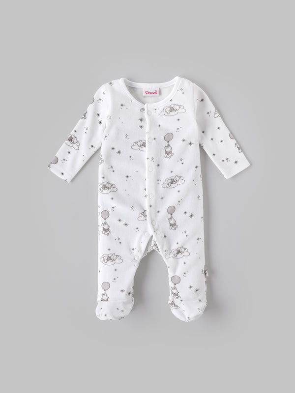 Popees Baby Unisex Printed Cotton Sleepsuit with Footed Design| White| Tiny Baby to 6 Months