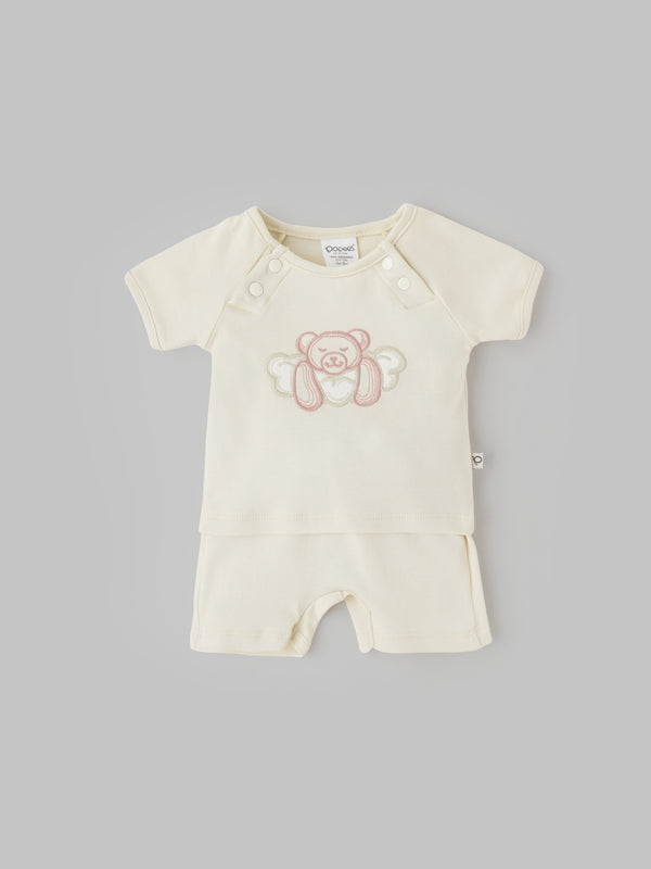 Popees Unisex Cotton Baby Coordinated Set with Adorable Teddy Bear Embroidery (0-9 Months)for Babies