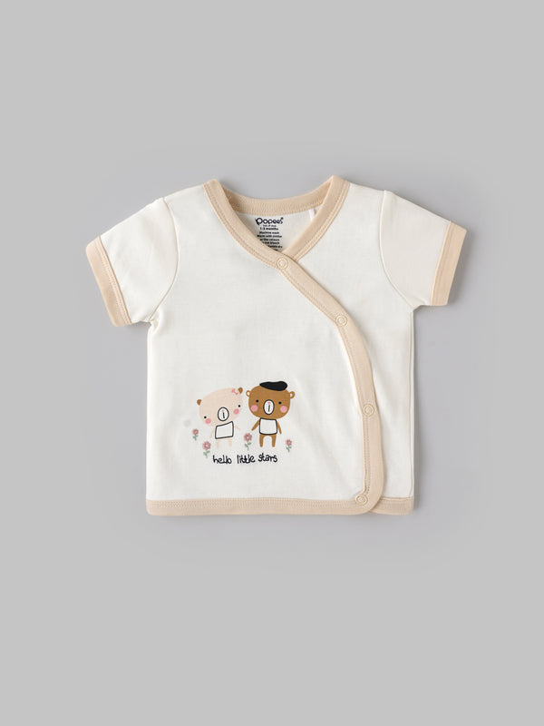Popees Infant Unisex Short Sleeve Wrap Top| Off-White| Tiny Baby, 0-9 Months