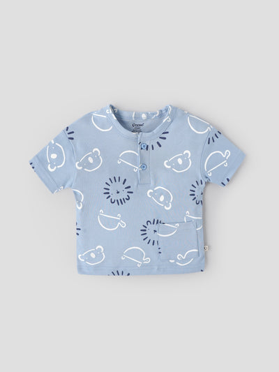 Popees Baby Boys Printed Cotton Henley T-Shirt|Light Blue Short Sleeve Top with Pocket (9 Months–4 Years)