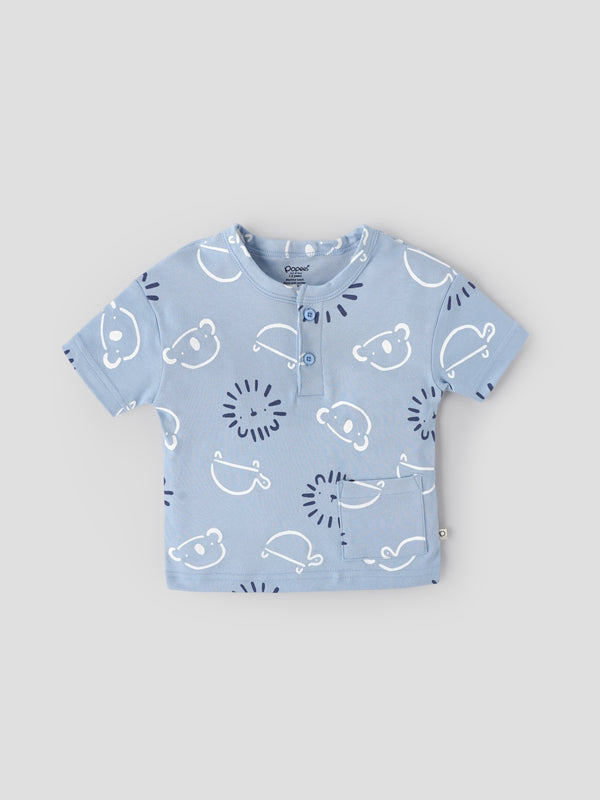 Popees Baby Boys Printed Cotton Henley T-Shirt|Light Blue Short Sleeve Top with Pocket (9 Months–4 Years)