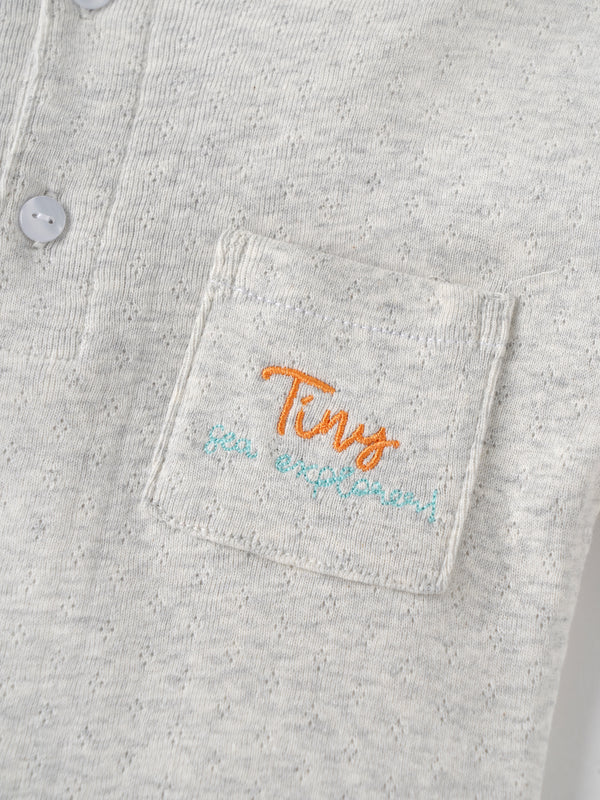Popees Baby Boys Light Grey Textured Cotton T-Shirt with Embroidered Back Print| 9 Months–4 Years