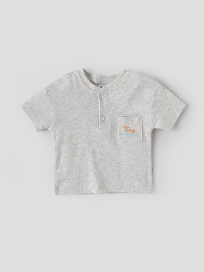 Popees Baby Boys Light Grey Textured Cotton T-Shirt with Embroidered Back Print| 9 Months–4 Years
