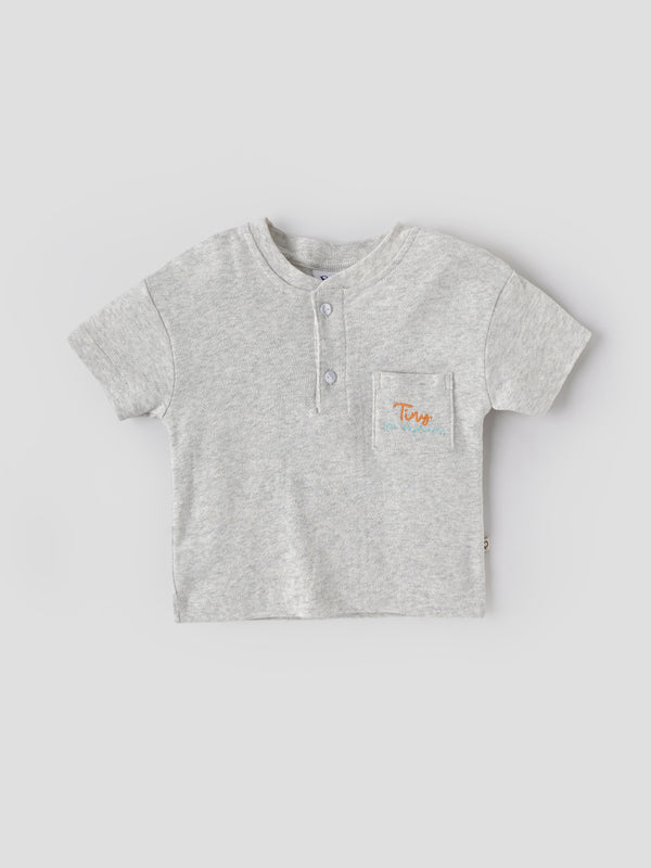 Popees Baby Boys Light Grey Textured Cotton T-Shirt with Embroidered Back Print| 9 Months–4 Years