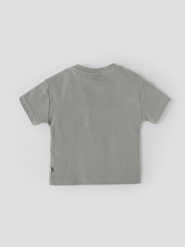 Popees Baby Boys Sage Green Waffle Cotton Henley T-Shirt |Embroidered Patch Short Sleeve Top |9 Months–4 Years