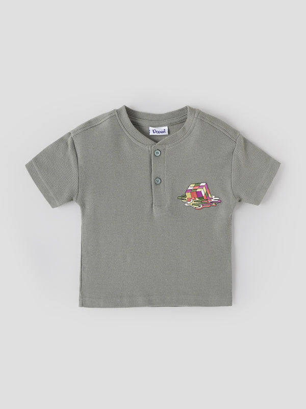 Popees Baby Boys Sage Green Waffle Cotton Henley T-Shirt |Embroidered Patch Short Sleeve Top |9 Months–4 Years