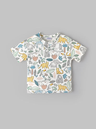 Popees Baby Boys Jungle Animal Print Short Sleeve Cotton Henley T-Shirt| Multi-Color| 9 Months to 4 Years