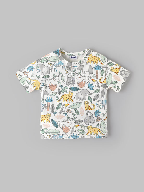 Popees Baby Boys Jungle Animal Print Short Sleeve Cotton Henley T-Shirt| Multi-Color| 9 Months to 4 Years