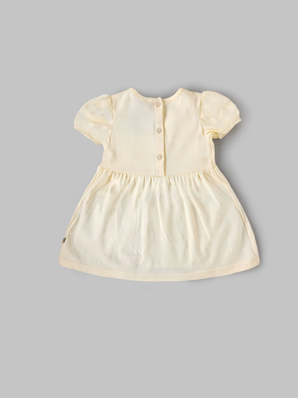 Popees Baby Girls Soft Cotton Puff Sleeve Gathered Dress with Back Button Closure| 9 Months–4 Years