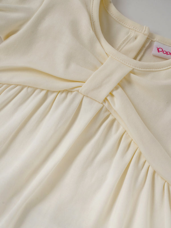 Popees Baby Girls Soft Cotton Puff Sleeve Gathered Dress with Back Button Closure| 9 Months–4 Years
