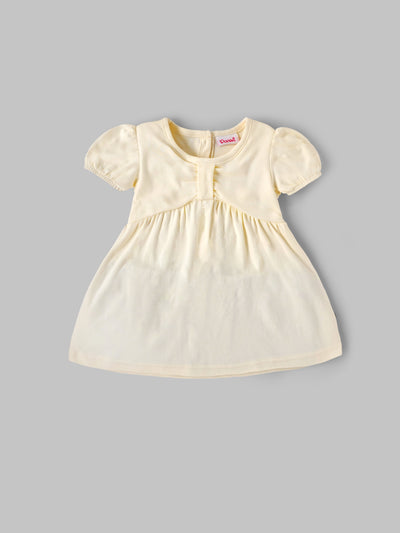 Popees Baby Girls Soft Cotton Puff Sleeve Gathered Dress with Back Button Closure| 9 Months–4 Years