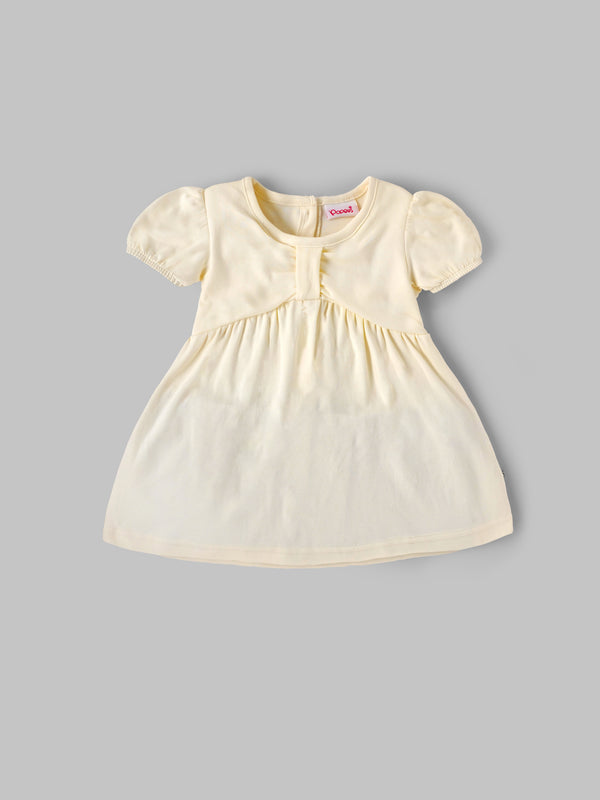 Popees Baby Girls Soft Cotton Puff Sleeve Gathered Dress with Back Button Closure| 9 Months–4 Years