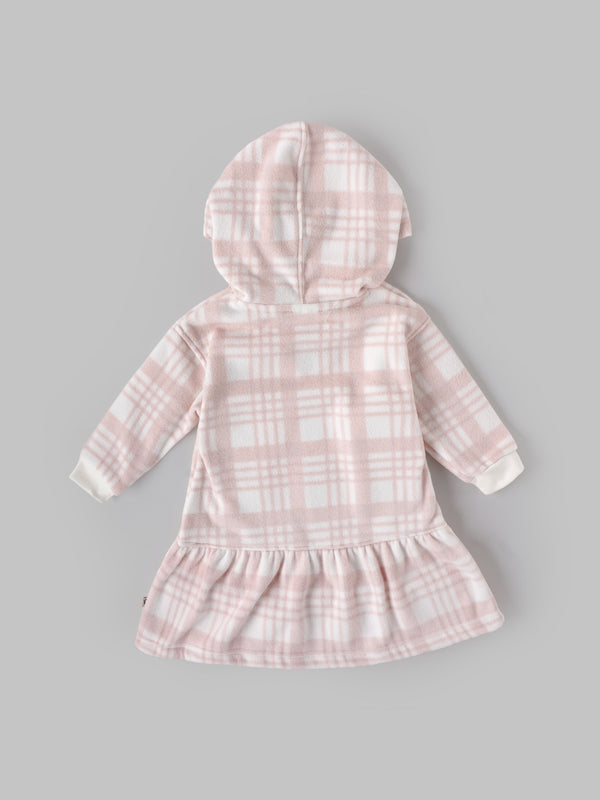 Popees Baby Girls Hooded Fleece Dress with Bear Embroidery |Full Sleeve Winter Plaid Outfit (9 Months–4 Years)
