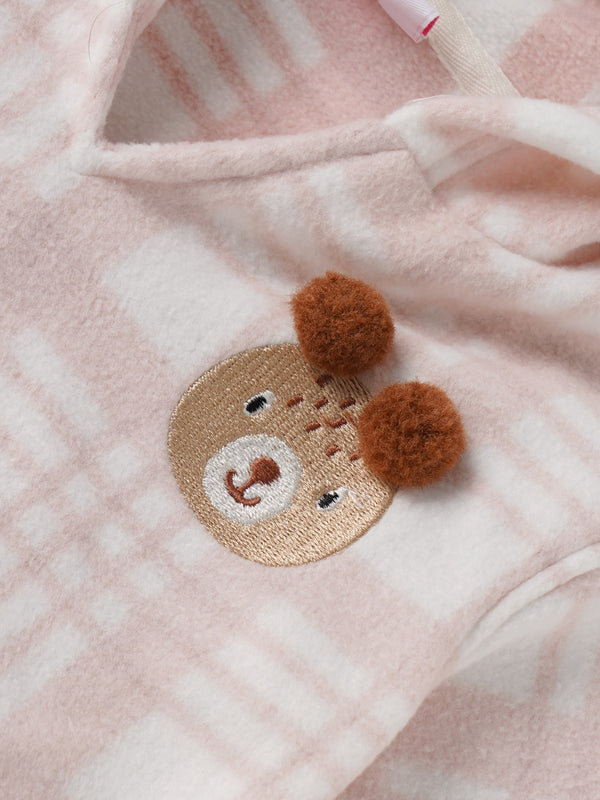 Popees Baby Girls Hooded Fleece Dress with Bear Embroidery |Full Sleeve Winter Plaid Outfit (9 Months–4 Years)