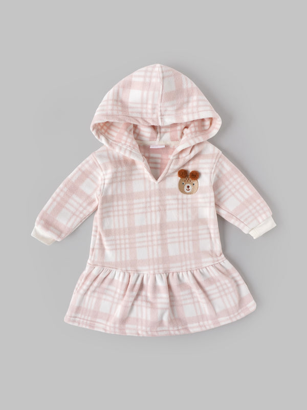 Popees Baby Girls Hooded Fleece Dress with Bear Embroidery |Full Sleeve Winter Plaid Outfit (9 Months–4 Years)