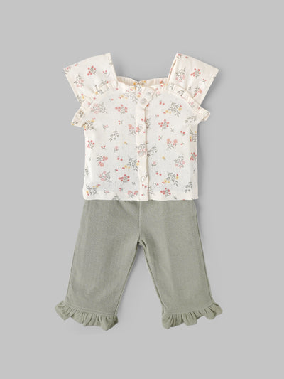 Popees Baby Girls Floral Top & Ribbed Pant Set| Sage Green| 9 Months to 4 Years