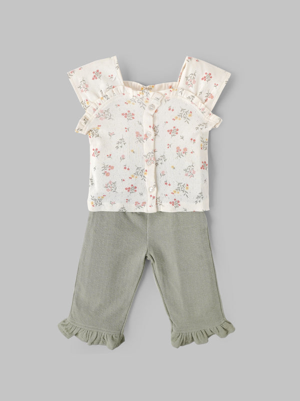 Popees Baby Girls Floral Top & Ribbed Pant Set| Sage Green| 9 Months to 4 Years