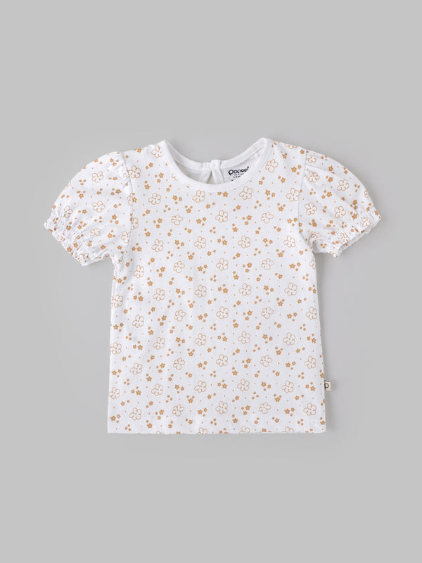 Popees Girls Floral Print Cotton Puff Sleeve Top for Kids (1–6 Years) | Soft Breathable Casual Summer Wear Outfit