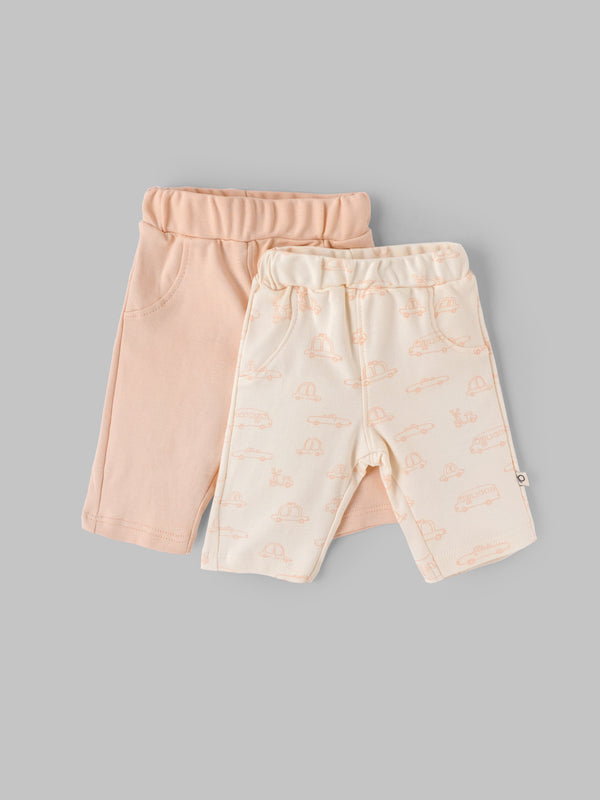 Popees Baby Boys Cotton Shorts Pack of 2 |Solid & Vehicle Print Elastic Waist (Size T, Newborn–9M)