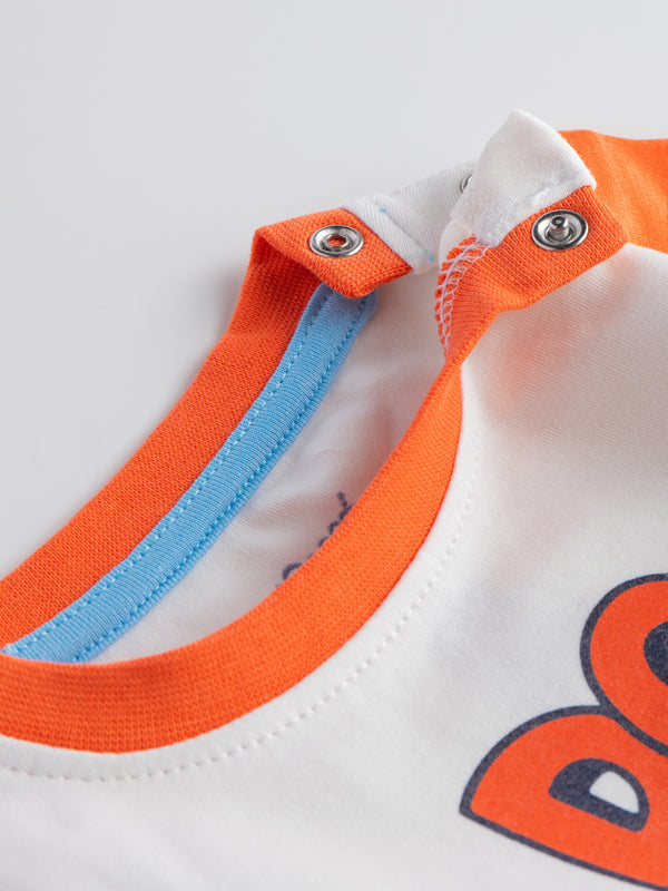 Popees Baby Boys Half Sleeve Cotton T-Shirt| White & Orange| 3-36 Months