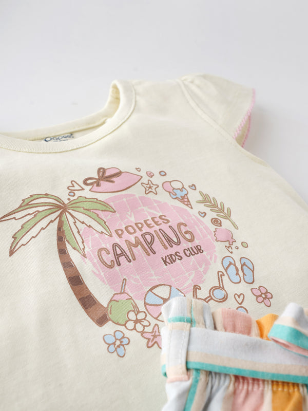 Popees Chest Printed Top with Multicolor Striped Shorts (1-8 Years) for Girls
