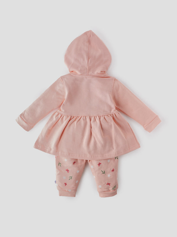 Popees Baby Girl Cotton Hooded Top & Pant Set| Peach| 3-24 Months