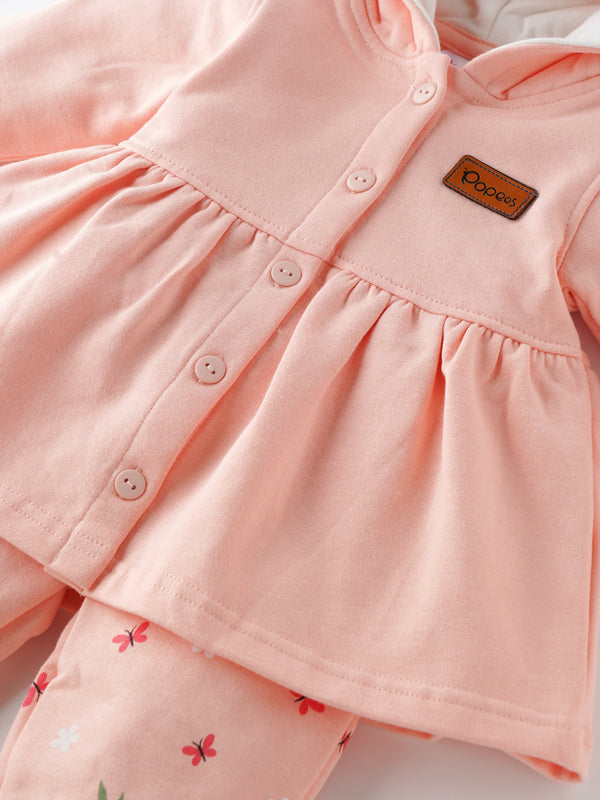 Popees Baby Girl Cotton Hooded Top & Pant Set| Peach| 3-24 Months